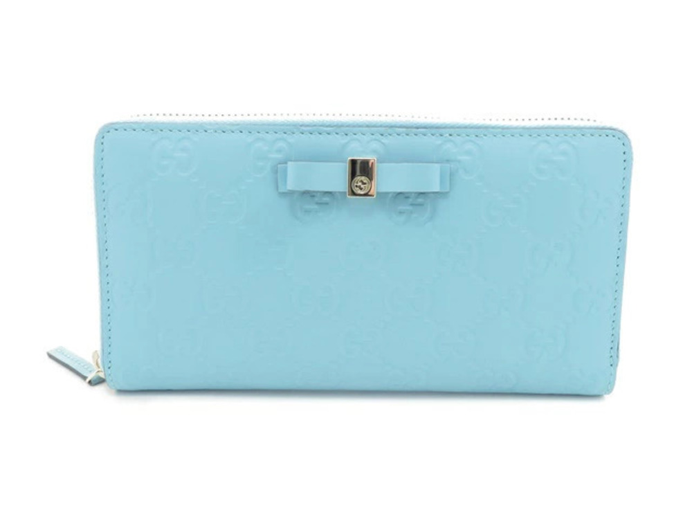 Gucci Guccissima Ribbon Tie Round Long Wallet Blue Calfskin
